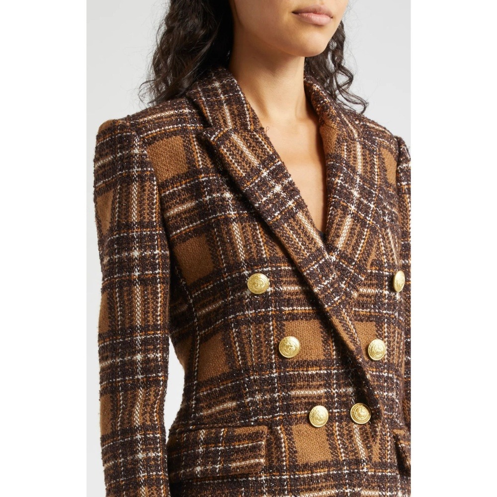 L'AGENCE Kenzie Plaid Double-Breasted Blazer 4 Brown Tweed